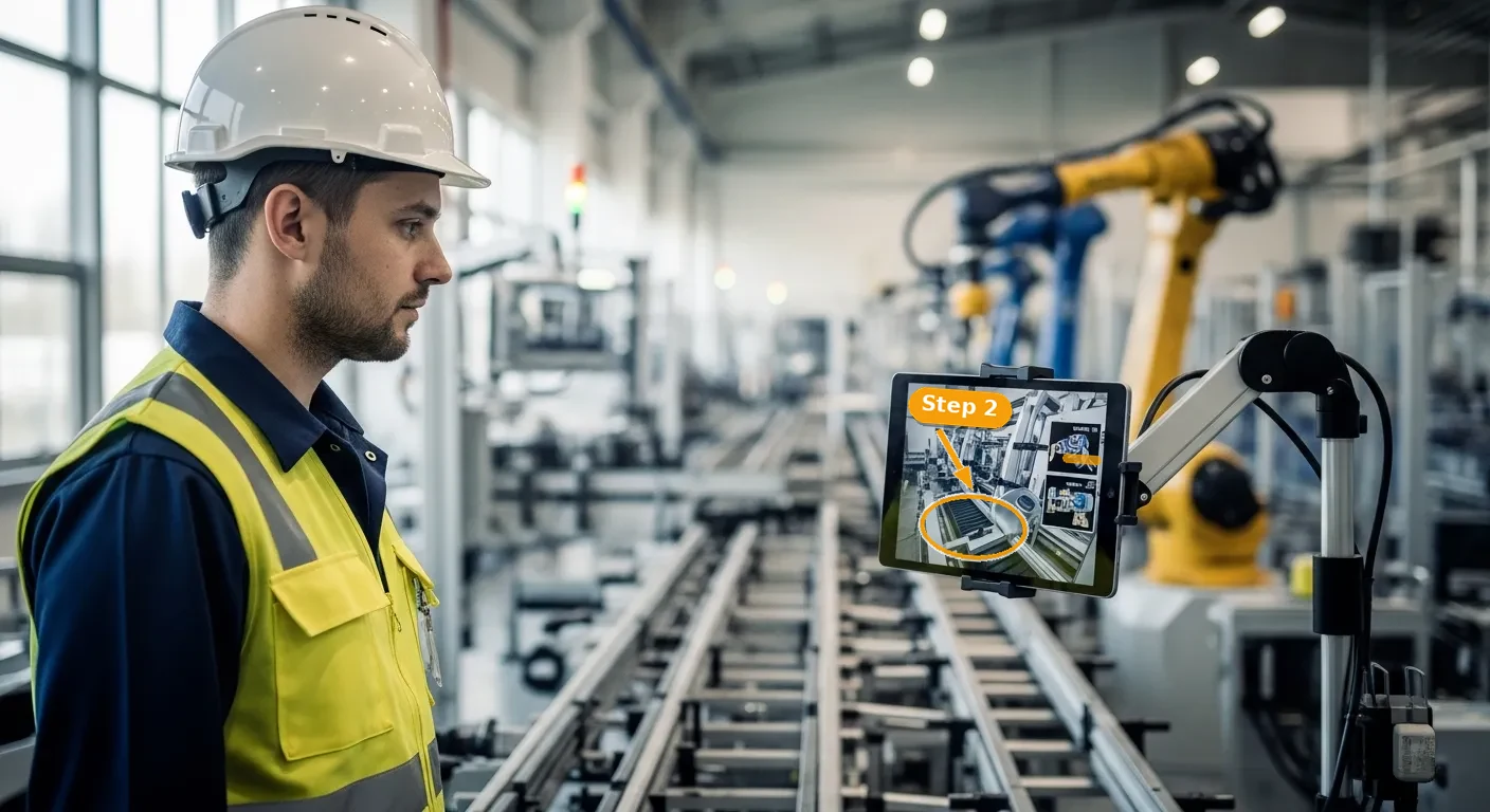 Worker beside a production line viewing a tablet training video annotated with a Step 2 callout, arrow, and highlight