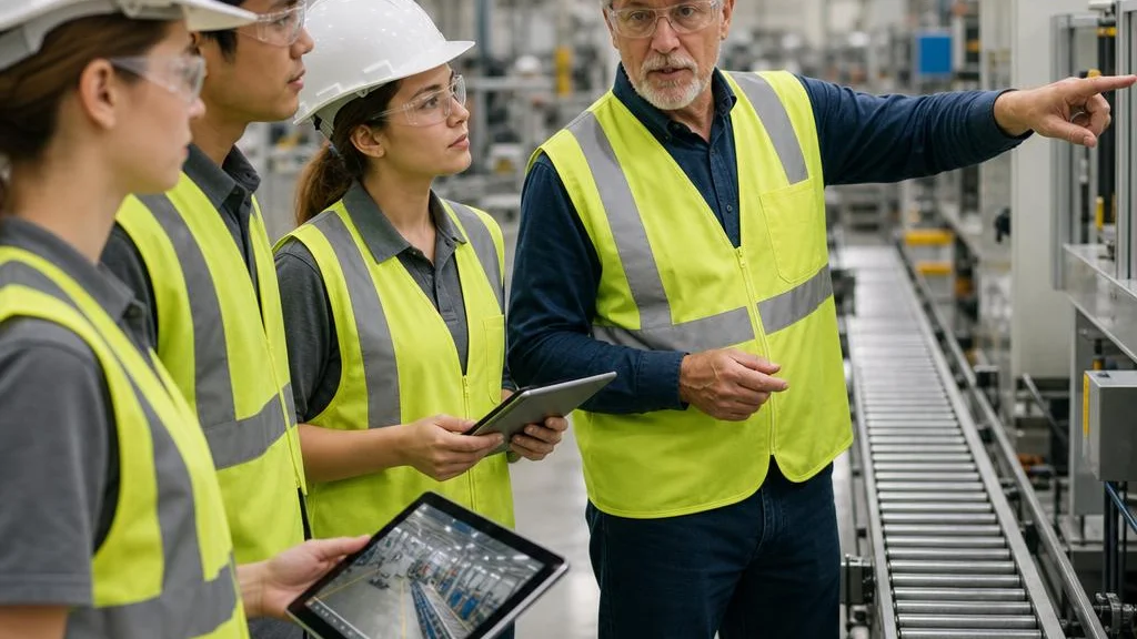 Senior operator pointing at a production line while three new hires follow along on tablets