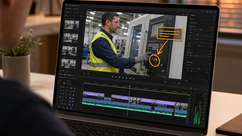 Laptop screen showing video editing software with annotation callouts over a manufacturing training video
