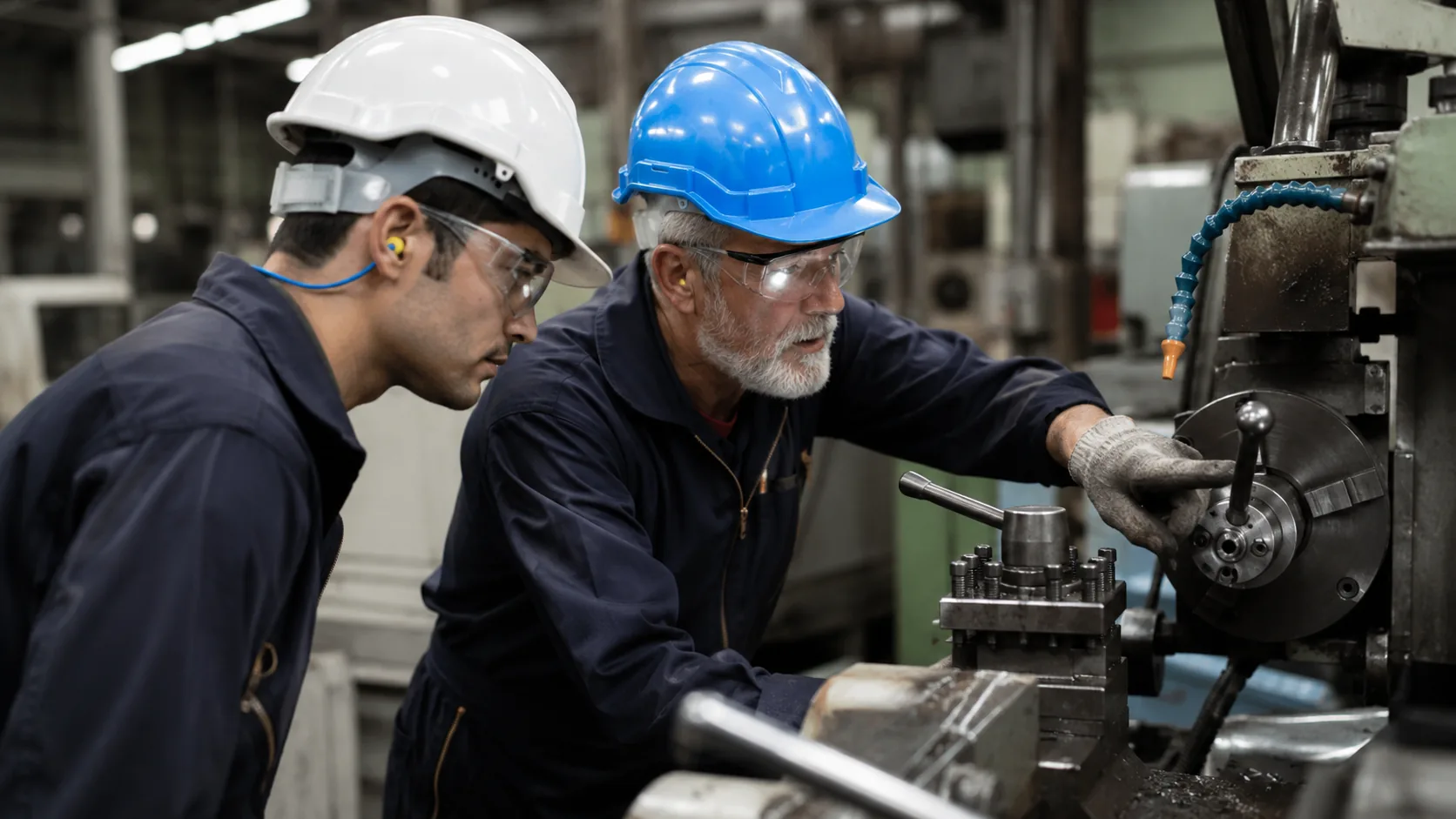 Experienced manufacturing operator teaching a machine procedure to a newer employee